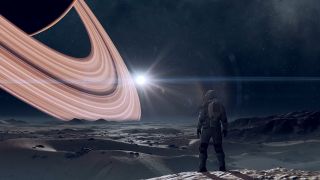 This is a screenshot from the space role playing game Starfield. Here we see an astronaut standing on a dark sandy planet looking out at the horizon. There we see a giant planet with rings and a large bright star in the distance.