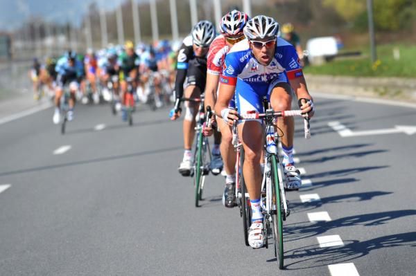 Quick Step's Kevin Van Impe rides on the front of the peloton