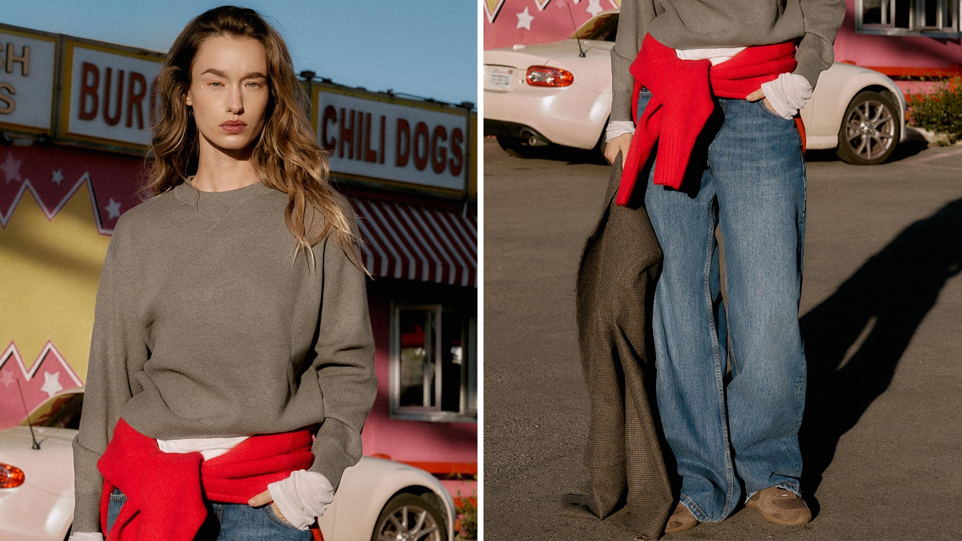 collage of Zara model shot in a chic outfit idea for 2026 with taupe sweater layered over a sheer white long-sleeve top, a red sweater around the waist, relaxed jeans, and brown suede sneakers