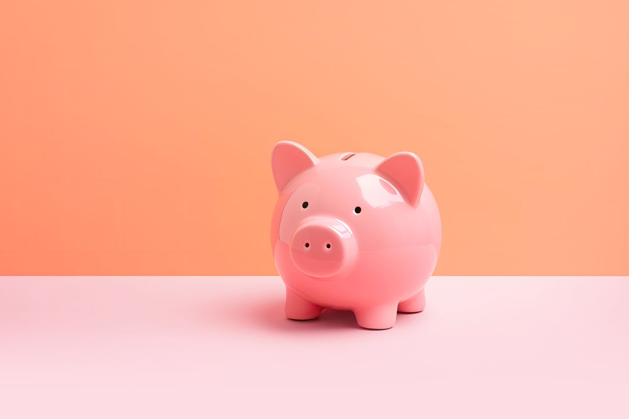 Pink piggy bank on pastel background