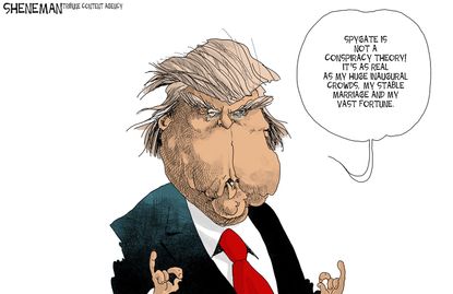 Political cartoon US Trump conspiracy spygate inauguration marriage