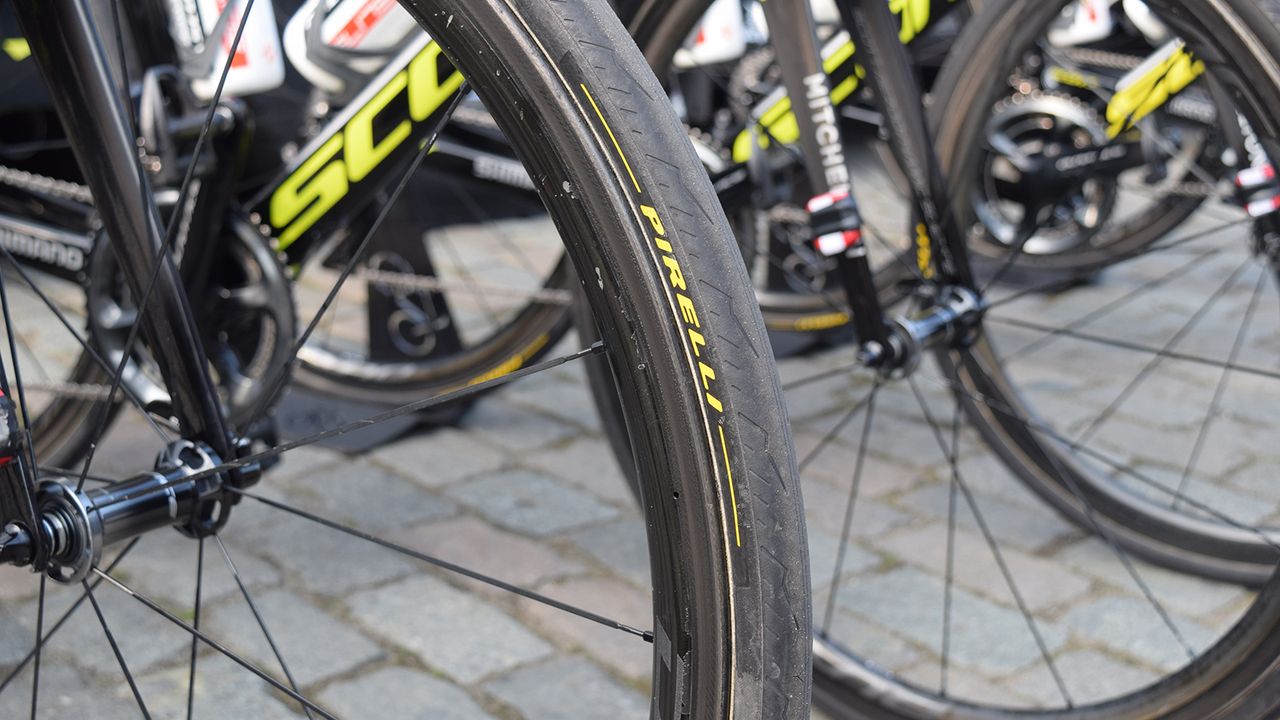 Other tan these Pirelli logos, Mitchelton-Scott's tyres were unmarked