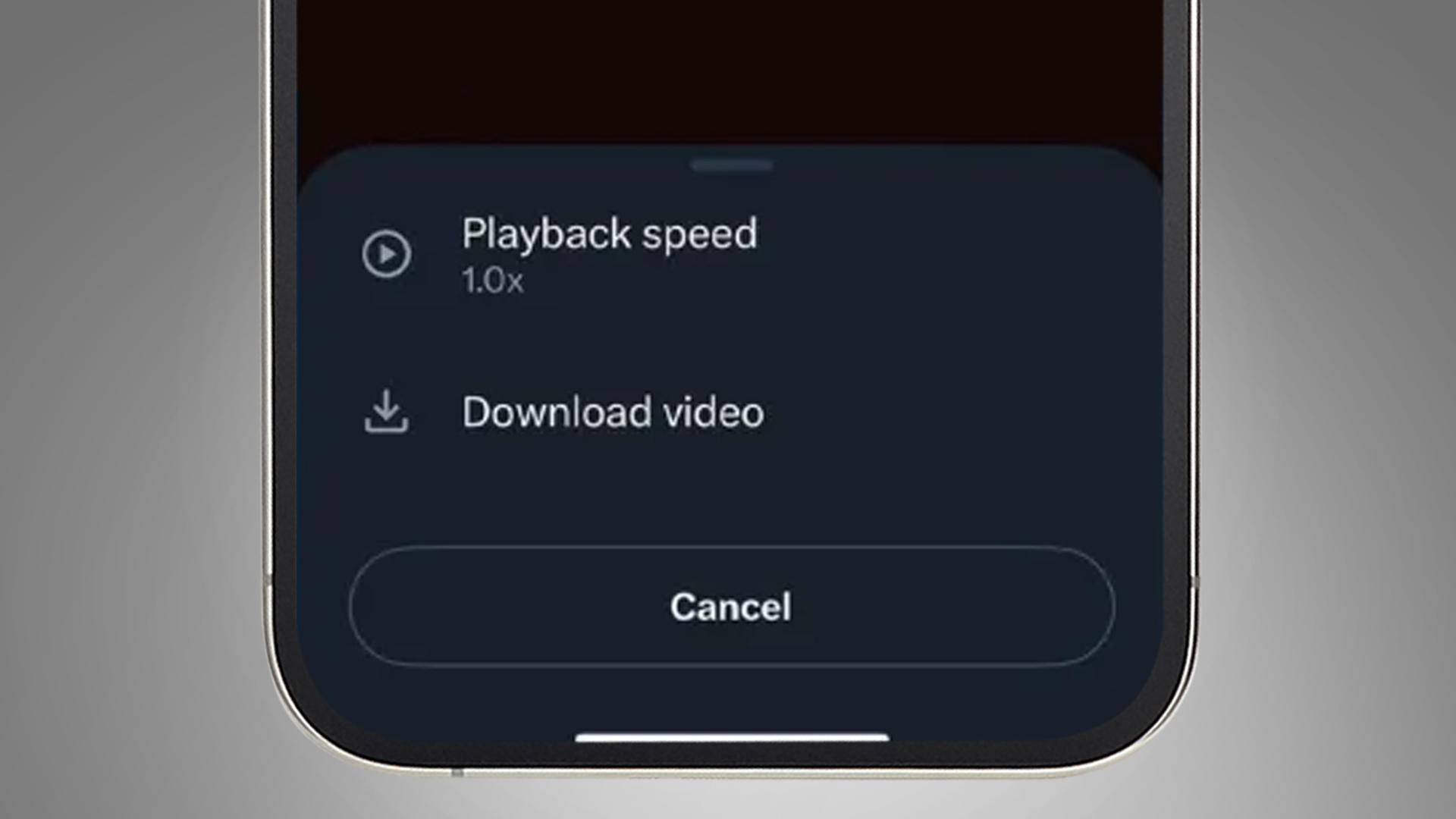 A phone screen on a grey background showing the download video menu option on the X app