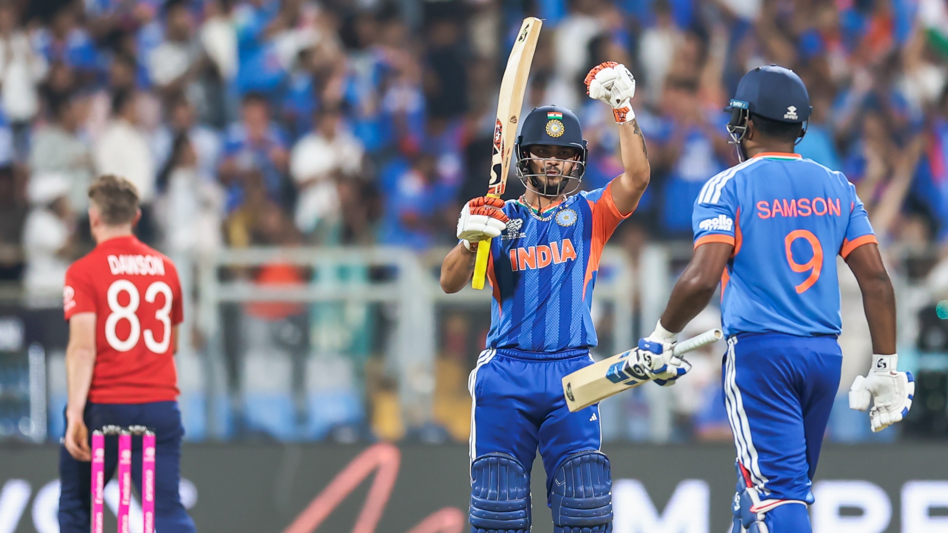 Ishan Kishan celebrating Sanju Samson's 50 during the India vs England game at the 2026 T20 World Cup