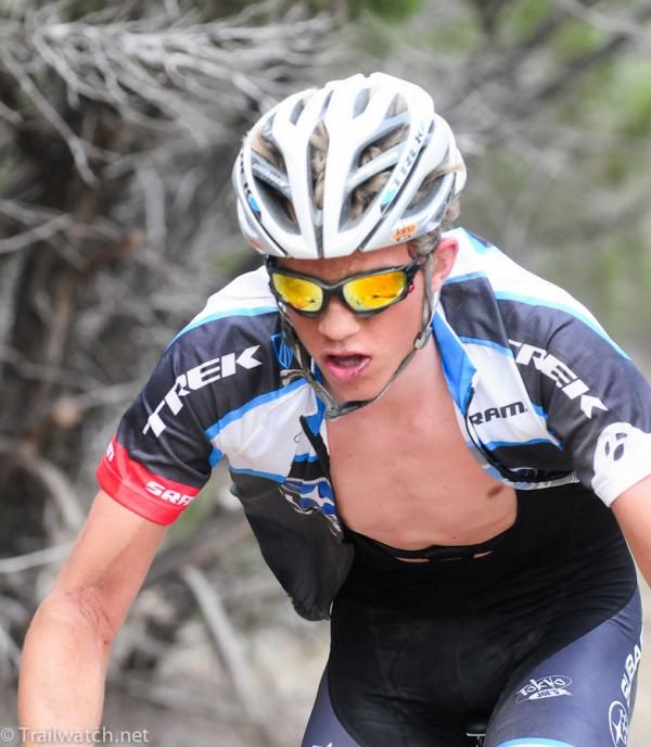 Russell Finsterwald (Trek Subaru) riding in some of the limited shade on the course