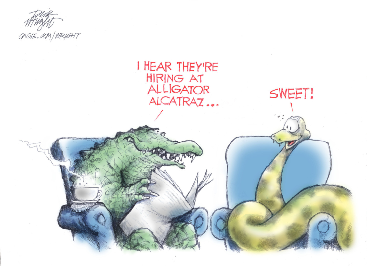 In this political cartoon, an alligator sits in a chair reading a newspaper next to another chair in which sits a snake with two fangs. The alligator says, “I hear they’re hiring at alligator alcatraz.” The snake responds, “Sweet!”