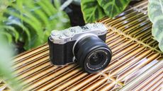 Fujifilm X-M5 on a rustic surface among leaves