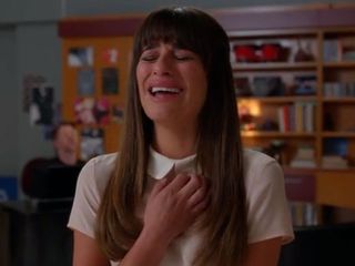 Lea's character Rachel is seen choking back the tears as she dedicates the song to Cory's character Finn