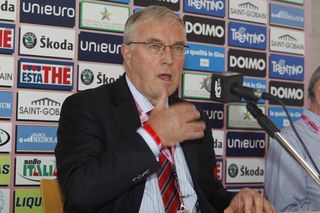 UCI president Pat McQuaid speaks at the Giro d'Italia