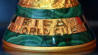 The base of the FIFA World Cup trophy in close-up