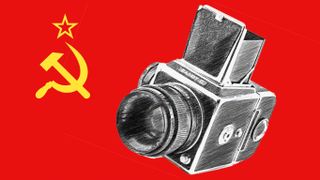 Line drawing of Salyut-S camera on a USSR flag