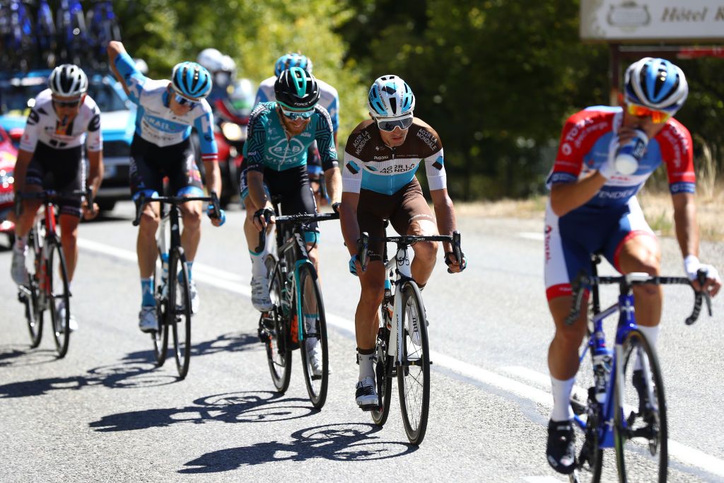 ORCIERES FRANCE SEPTEMBER 01 Tiesj Benoot of Belgium and Team Sunweb Nils Politt of Germany and Team Israel StartUp Nation Krists Neilands of Latvia and Team Israel StartUp Nation Alexis Vuillermoz of France and Team Ag2R La Mondiale Quentin Pacher of France and Team BB Hotels Vital Concept Mathieu Burgaudeau of France and Team Total Direct Energie Breakaway during the 107th Tour de France 2020 Stage 4 a 1605km stage from Sisteron to OrcieresMerlette 1825m TDF2020 LeTour on September 01 2020 in Orcieres France Photo by Michael SteeleGetty Images