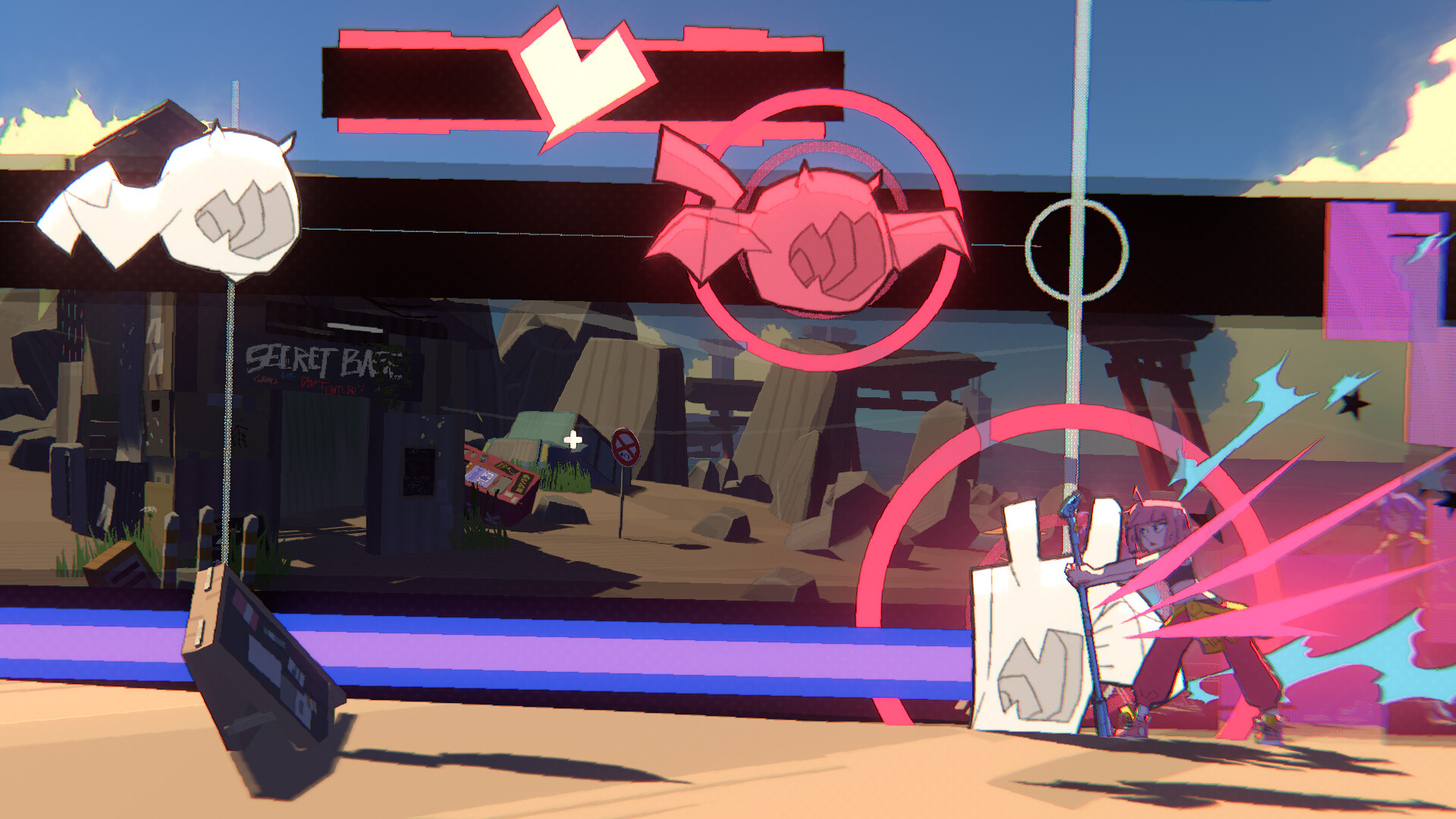 Unbeatable screenshot of protagonist Beat, a girl with pink hair who's fighting bat-like creatures back with a microphone