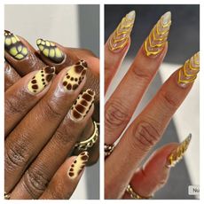 two manicured hands side by side in yellow and brown and gold chrome