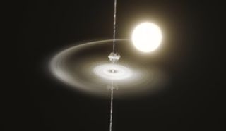 An illustration shows the pulsar PSR J1023+0038 stripping material from a companion star.