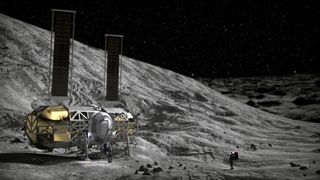 big moon lander in art, against a hill on the moon. an astronaut stands next to it to show the vast size difference