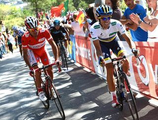 On slopes approaching 30 percent, Vuelta leader Joaquim Rodriguez (Katusha) and compatriot Alberto Contador (Saxo Bank) battle in the stage 12 finale.