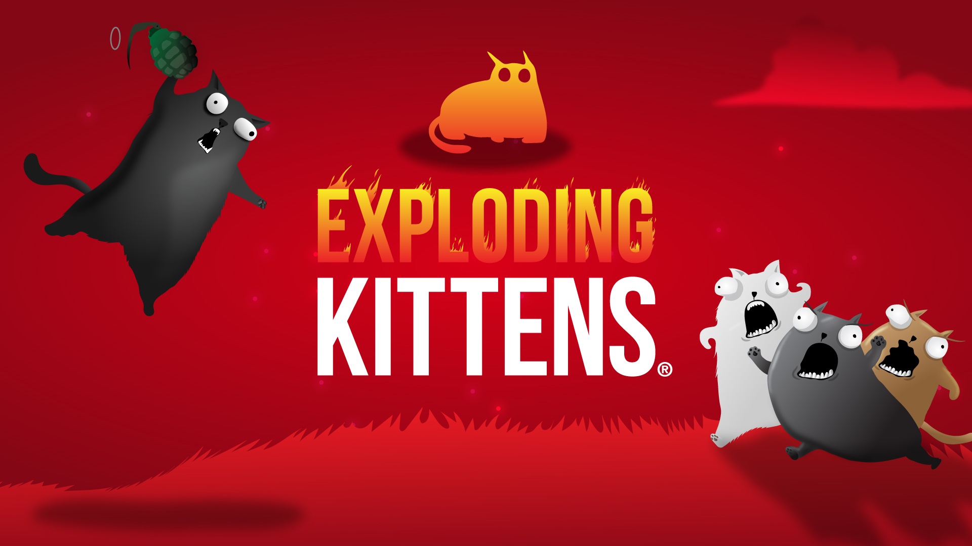 melhores jogos de tabuleiro para dois jogadores - um grupo de gatinhos de desenho animado cercam o logotipo Exploding Kittens, um gato está prestes a enterrar uma granada