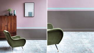 Pink living room with contrast skirting boards painted green