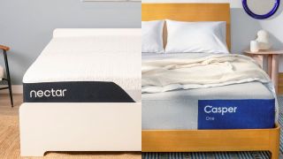 A split image showing the Nectar Classic mattress on a bed frame directly next to the Casper One