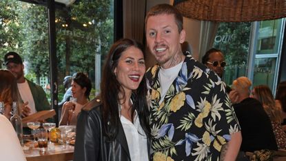 Karima McAdams and Professor Green attend the launch of Giz & Green Pizza Pies Pop-Up at Passo on July 17, 2020 in London, England.