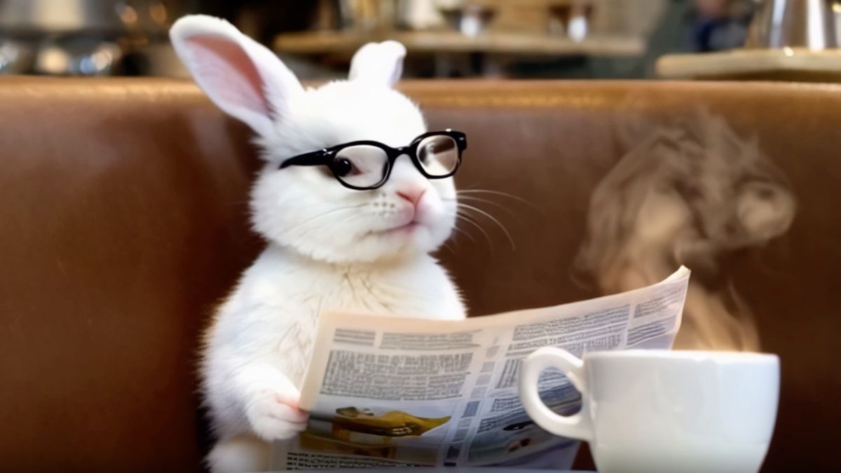 A rabbit wearing glasses sitting in a cafe and reading a newspaper