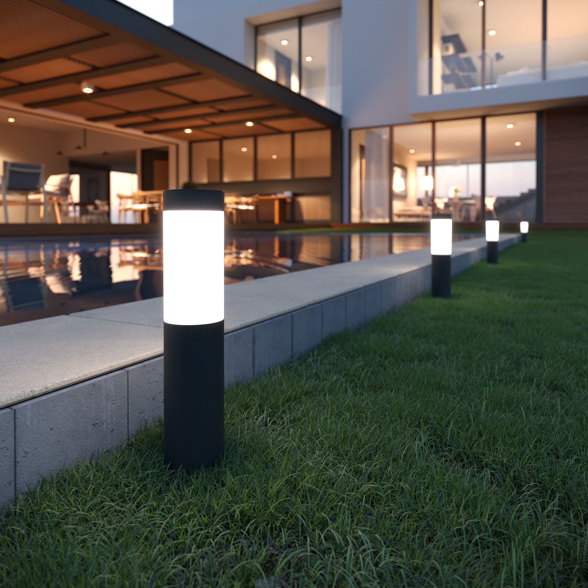An outdoor area of a modern home with solar lights planted along the edge of the pool