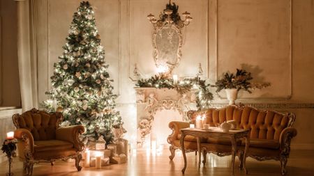 Classical interior of a white room with a decorated fireplace