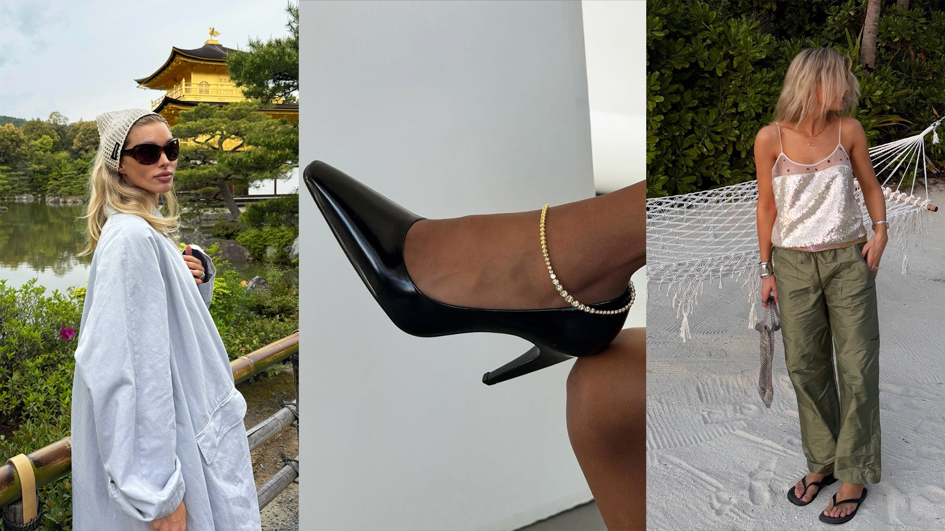 Collage featuring Elsa Hosk in Japan, Jude pumps, and Lucy Williams on the beach wearing Donni Pop Pants.