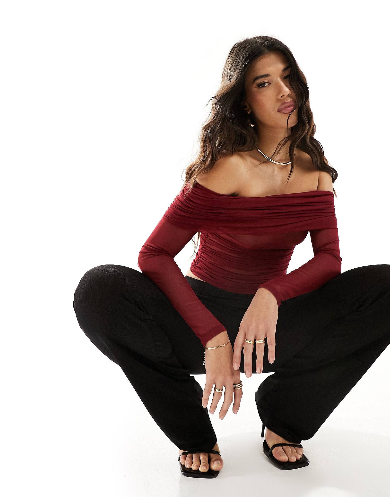 ASOS DESIGN deep bardot mesh long sleeve top in wine