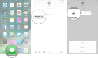 How to use Tapbacks in Messages, showing how to open messages, tap and hold on a message sent to you, then tap on the Tapback you want to send