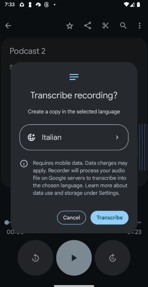 A sample Italian transcription in Google Recorder.