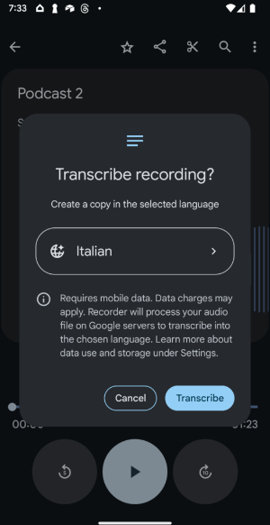 Exemplo de transcrição italiana no Google Recorder.