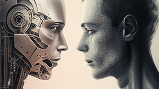 Ai generated image of a human and a robot in human form facing towards each other