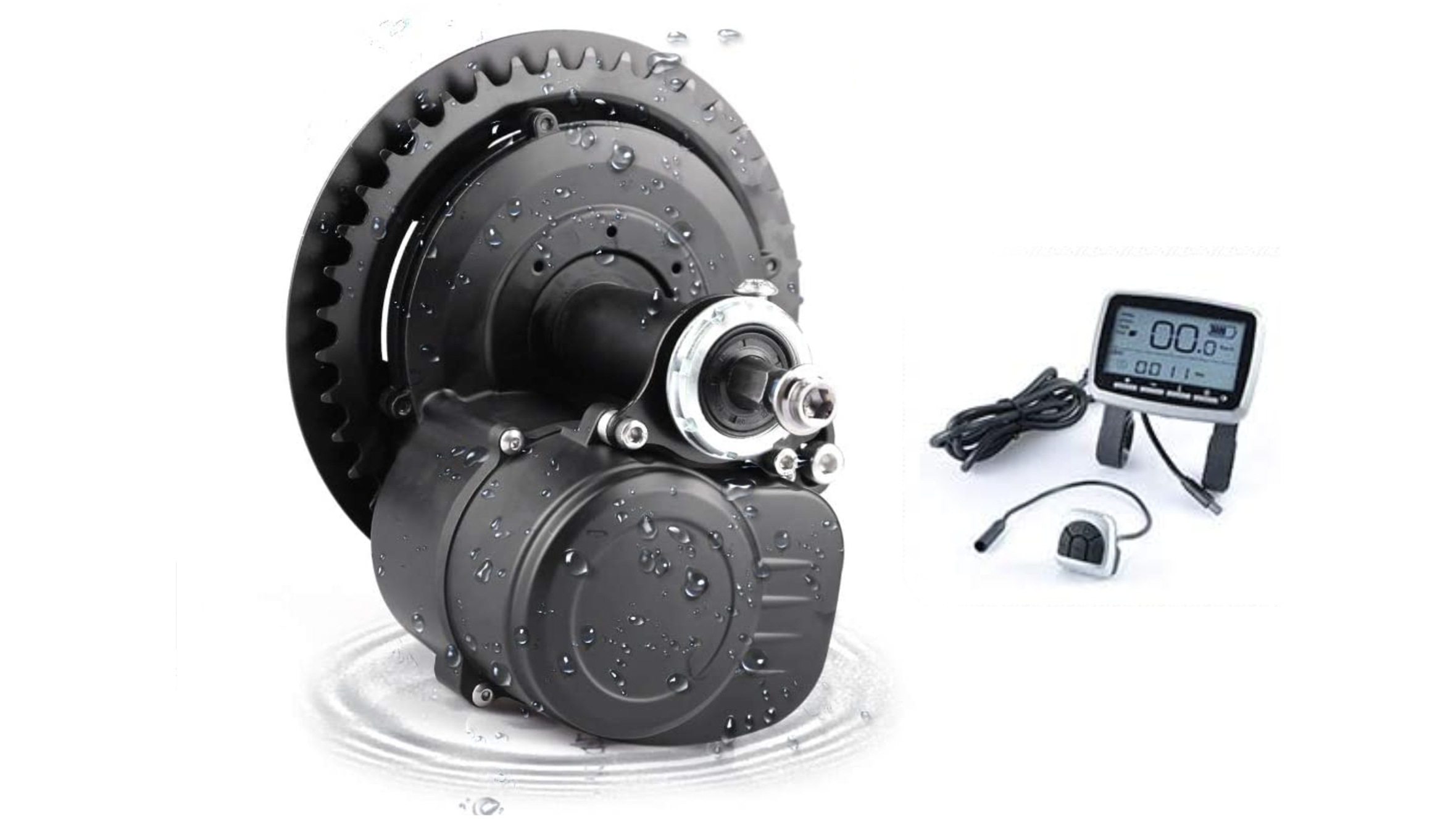 Tongsheng mid-drive e-bike conversion kit with battery and interface on a plain background