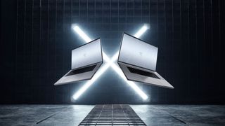 The Razer Blade 16 and Razer Blade 18 floating above a grid with a white glowing X behind them. The two laptops are being released by Razer in a new Mercury (white) colorway.