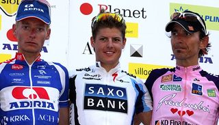 The stage one podium: Tomaz Nose (Adria Mobil), Jakob Fuglsang (Saxo Bank) and Mitja Mahoric