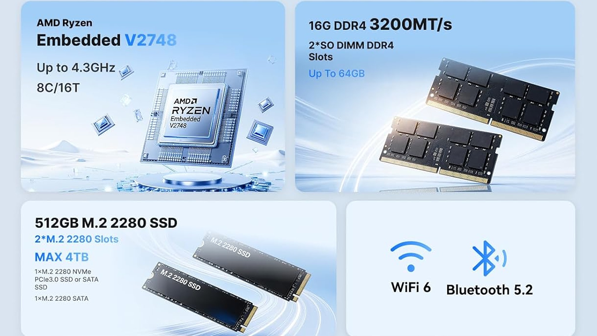 A small collection of the KAMRUI Mini PC E3B 11 Pro's hardware specs.