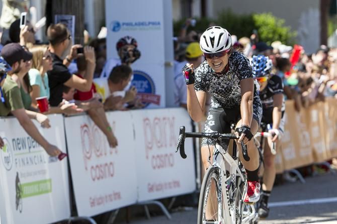 Evelyn Stevens (Specialized-lululemon) celebrates her 2014 Philly Classic win