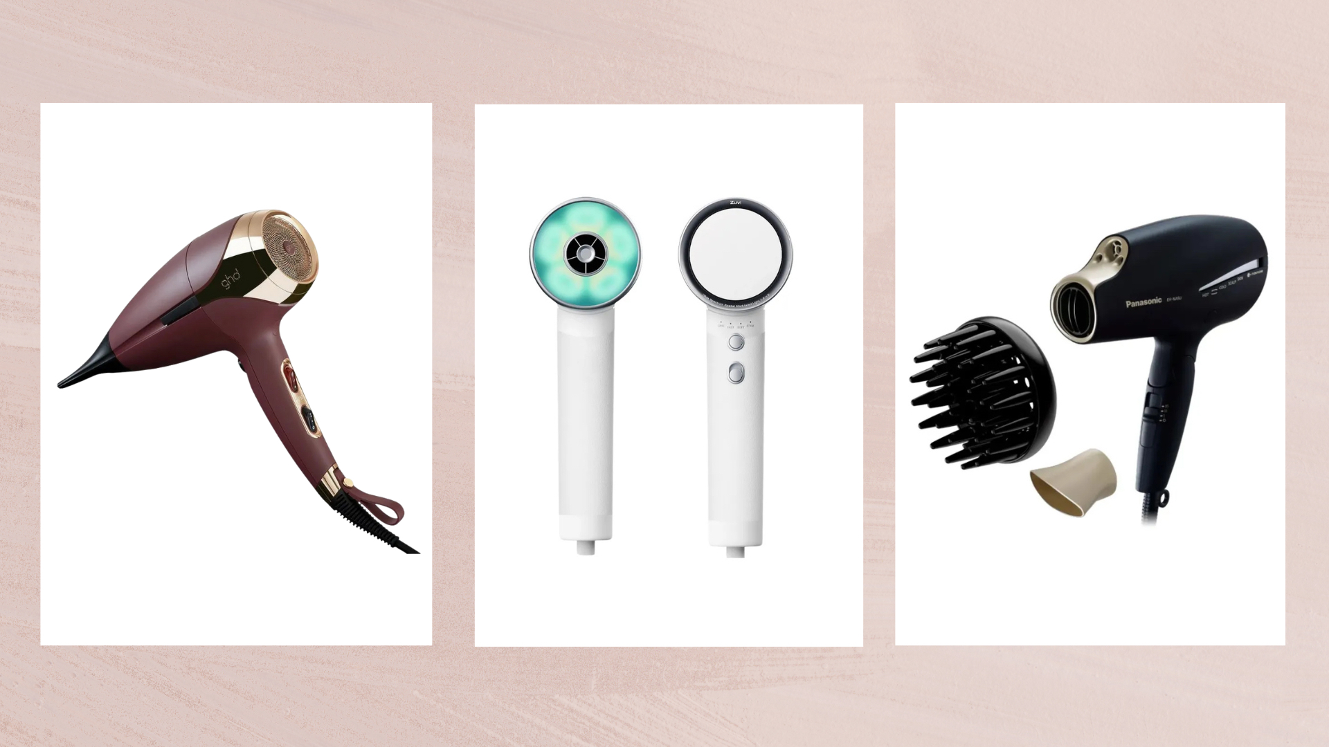 Three of the best hair dryers from (left to right) ghd, Zuvi and Panasonic, set in white vertical boxes against a dusky pink watercolour-style background