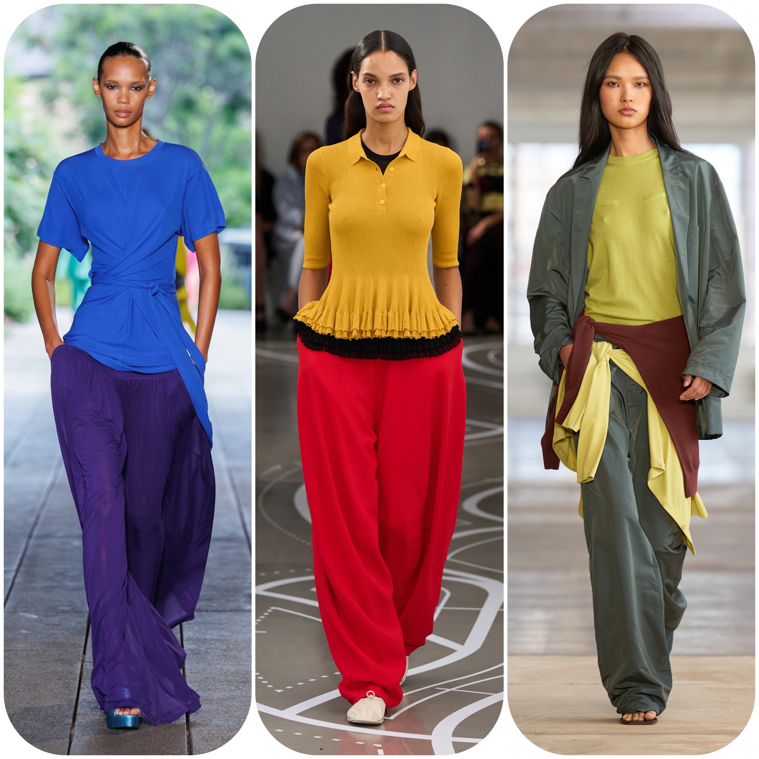 collage of color combinations on the Spring 2027 ruwnays of Ashlyn, Diane Von Furstenberg, and Tibi 