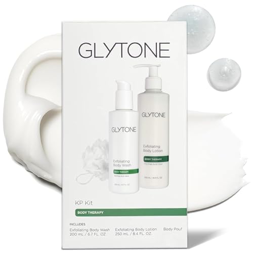 Glytone Kp Kit – Exfoliating Body Wash, Glycolic Acid Lotion & Shower Pouf for Keratosis Pilaris – Smooth Rough Bumpy Skin, Fragrance-Free Skincare Routine for Dry Skin & Chicken Skin – Routine Kit