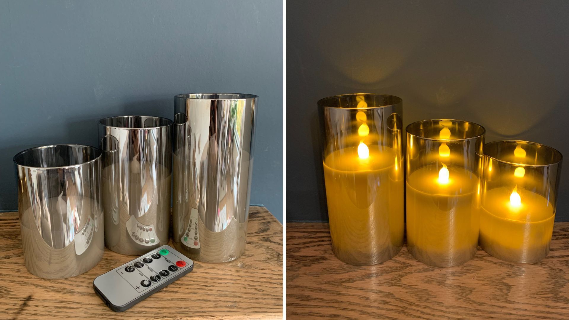 best flameless candles in black glass votives shot by day light and night light to show how the flames look in each light