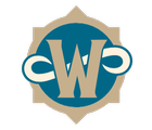 The World of Warcraft: Forever logo. A circular shield-like logo with a W and an infinity symbol on it. The borders are heathered grey with a light blue interior.