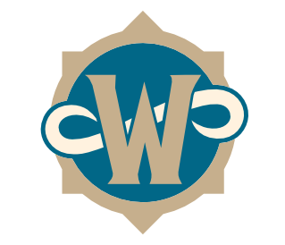 The World of Warcraft: Forever logo. A circular shield-like logo with a W and an infinity symbol on it. The borders are heathered grey with a light blue interior.