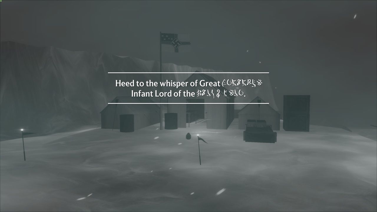 black and white view of Nazi camp with text "Head to the whisper of great [unintelligible], infant lord of the [unintelligible]"