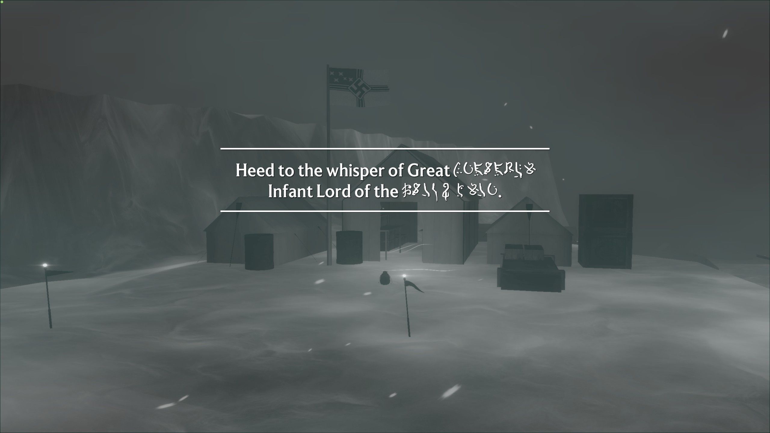 black and white view of Nazi camp with text Head to the whisper of great [unintelligible], infant lord of the [unintelligible]