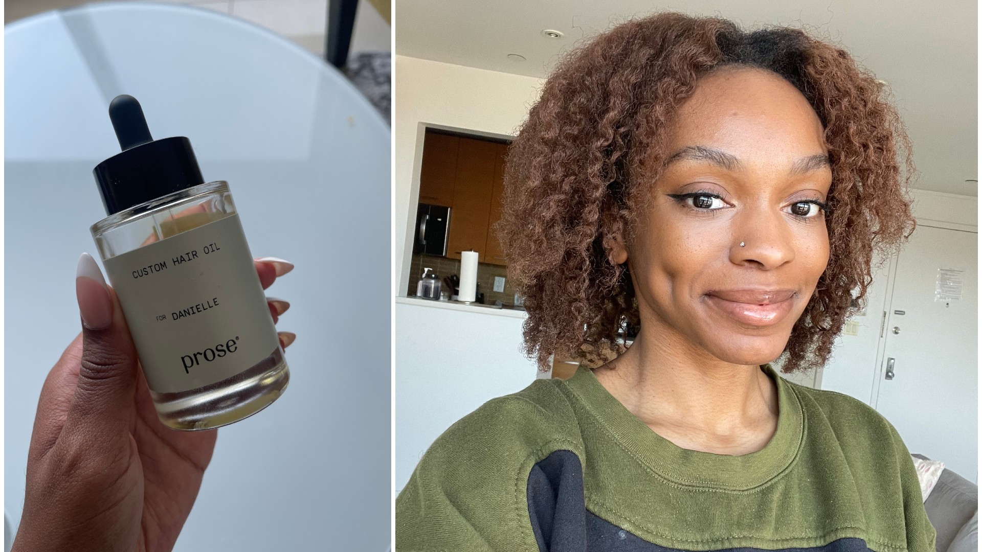 a side by side photo of a bottle of hair oil and a selfie
