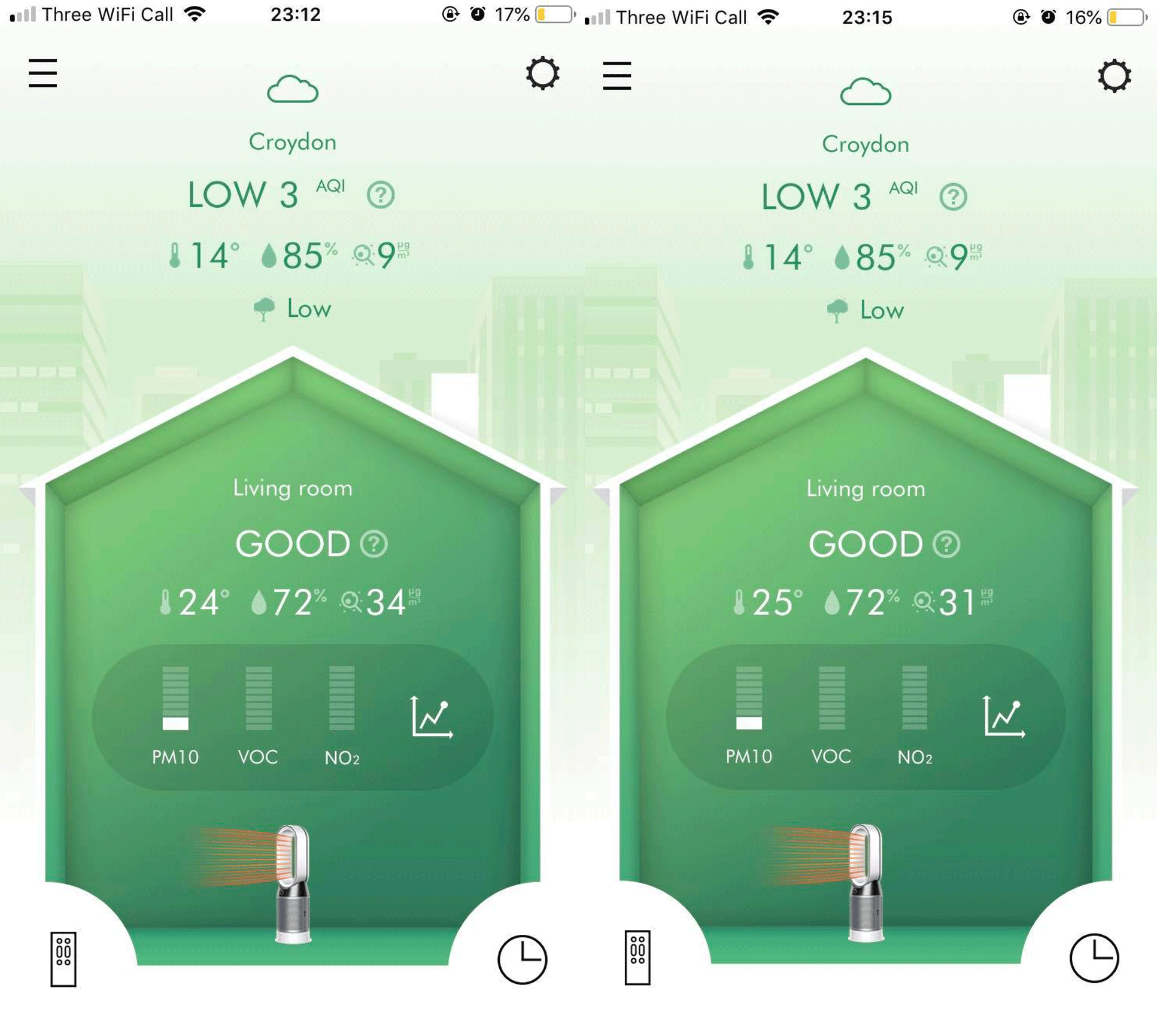 Dyson fan app statistics for heating and air purifying on a smart phone