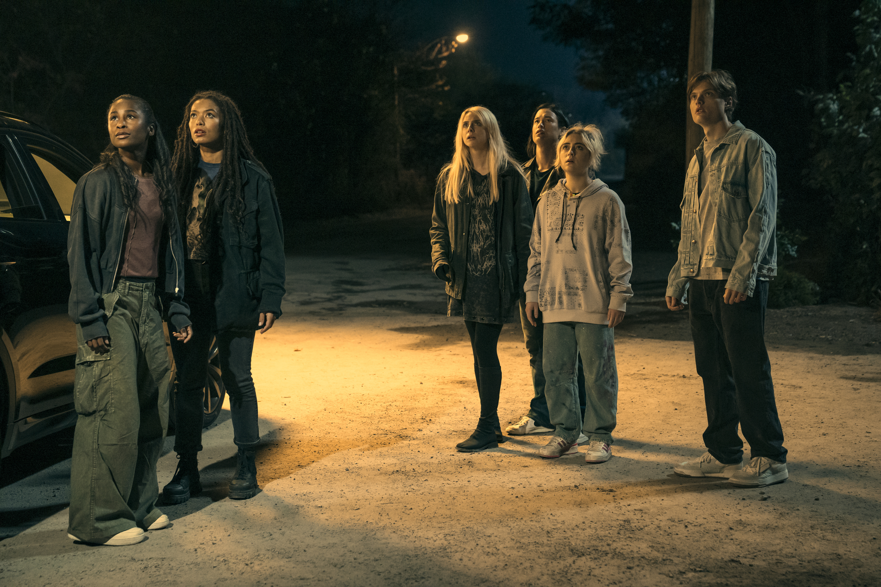 l-r: Keeya King as Annabeth Moreau, Jaz Sinclair as Marie Moreau, Maddie Phillips as Cate Dunlap, Derek Luh as Jordan Li, Lizze Broadway as Emma Meyer, Asa Germann as Sam in &#039;Gen V.&#039;